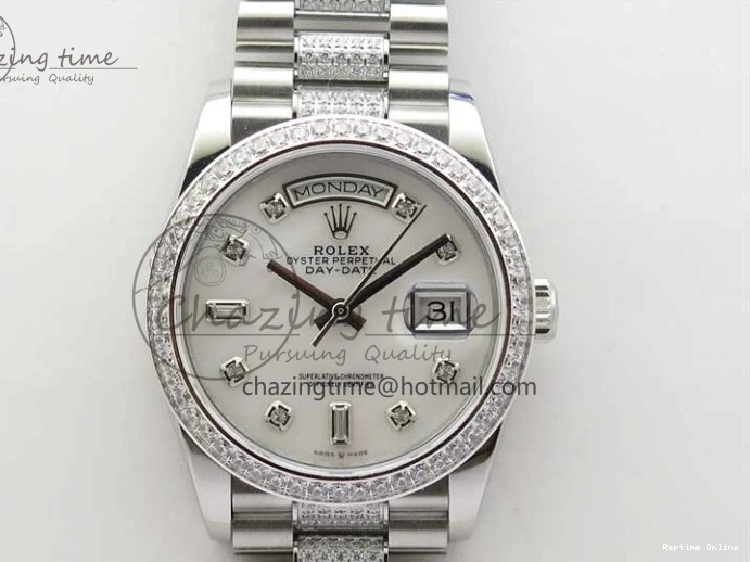 0516 Day-Date 36mm 128239 SS Crystal BP Best Edition White MOP Crystal Marker Dial on SS President Bracelet A MoistureWicking 2682